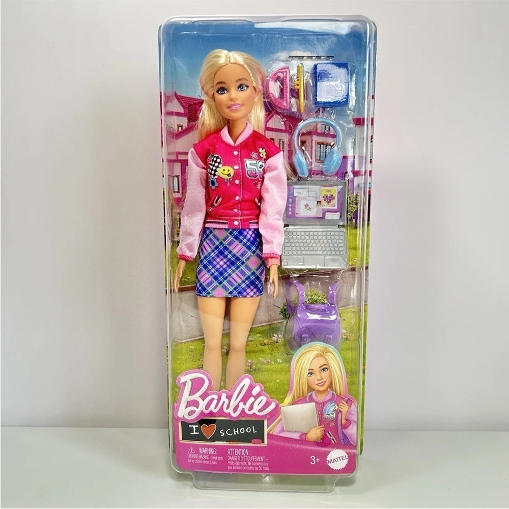 Barbie I Love School Doll Blonde Varsity Jacket Plaid Skirt Laptop New